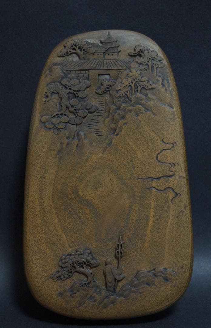 書道硯 歙州硯 魚子紋硯 細工彫り『仏の道』硯 すずり★美品★