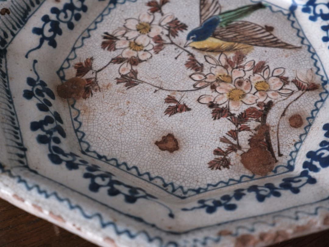 道八　阿蘭陀写し　八角菓子　江戸時代　オランダ風　皿　菓子器　箱付　Q1755