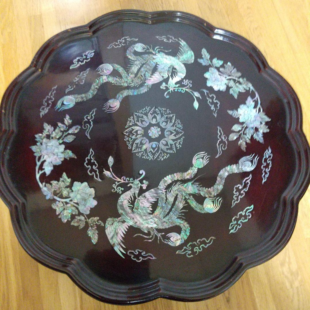 花と龍の象嵌 八角形木製座卓