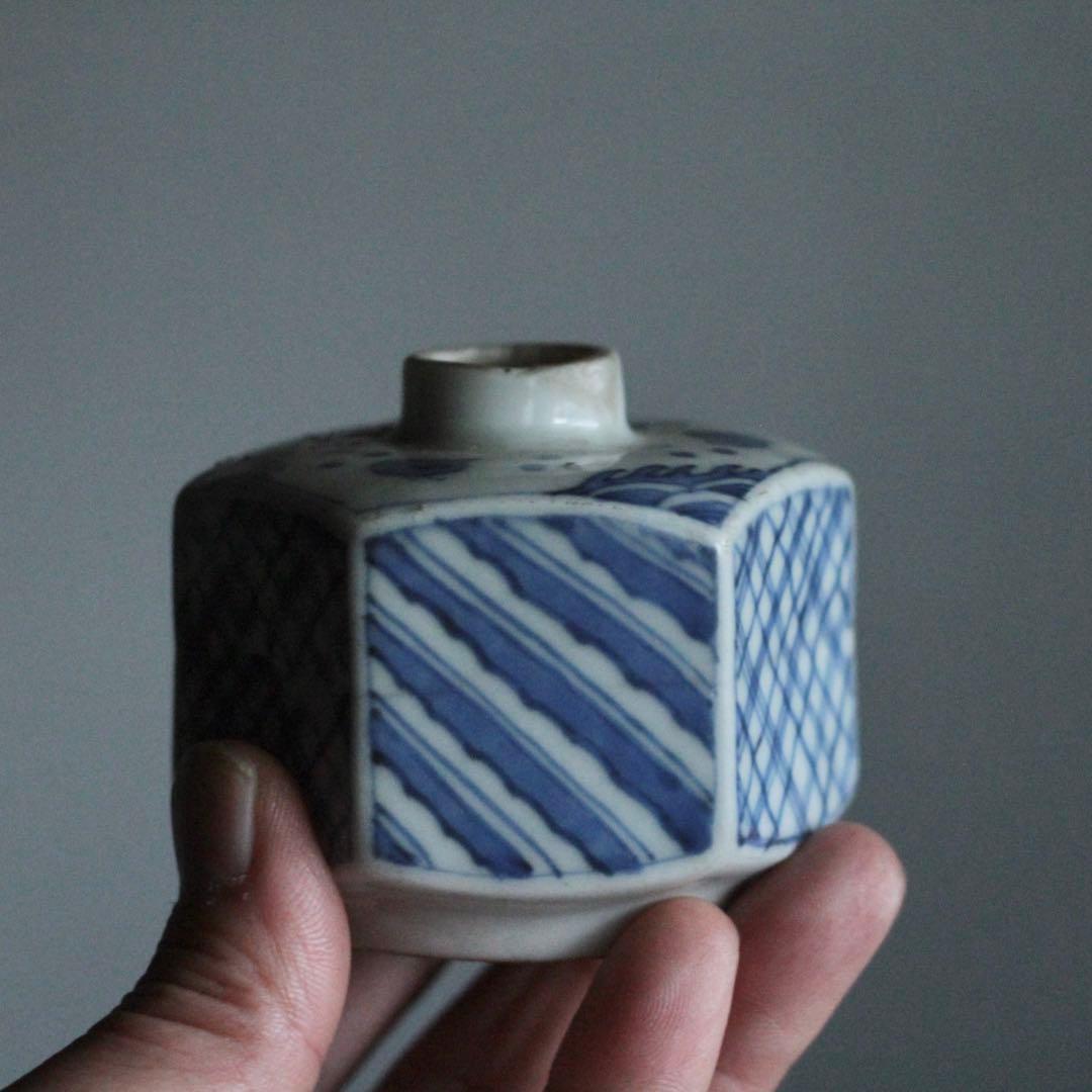 染付 面取 六角 小徳利 波千鳥 小紋柄 古美術 古道具 アンティーク
