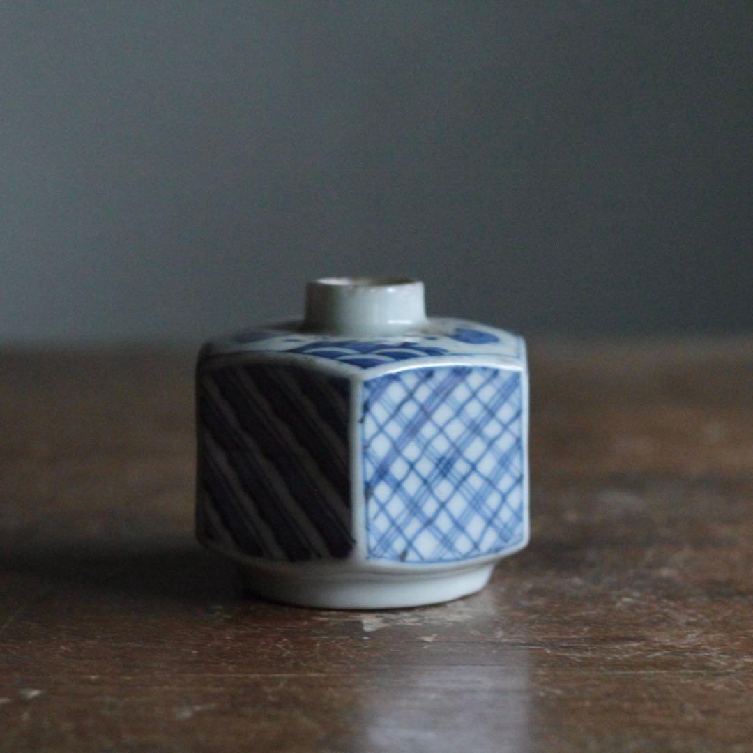 染付 面取 六角 小徳利 波千鳥 小紋柄 古美術 古道具 アンティーク
