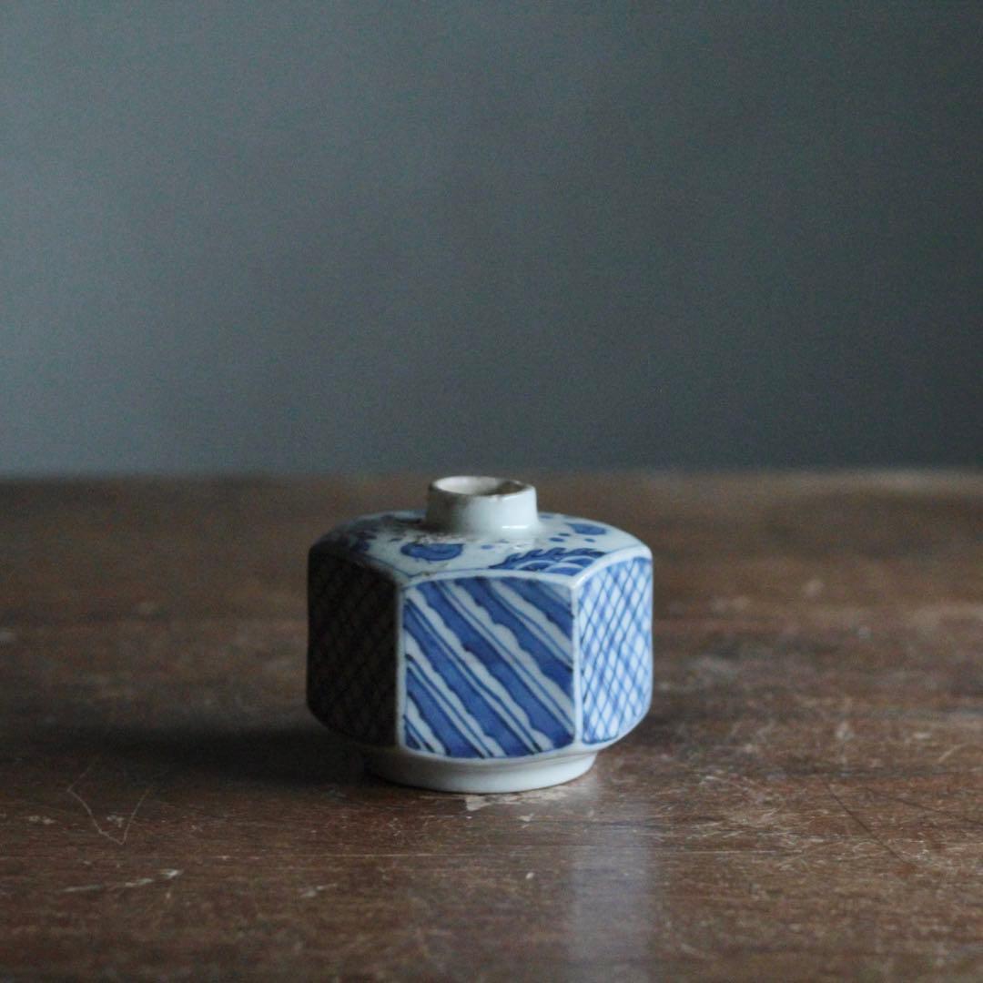 染付 面取 六角 小徳利 波千鳥 小紋柄 古美術 古道具 アンティーク