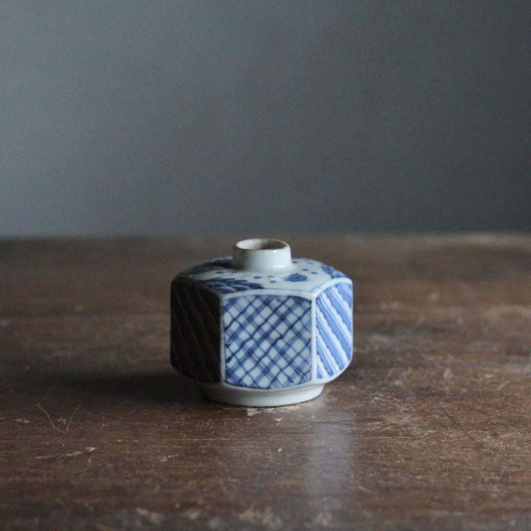 染付 面取 六角 小徳利 波千鳥 小紋柄 古美術 古道具 アンティーク