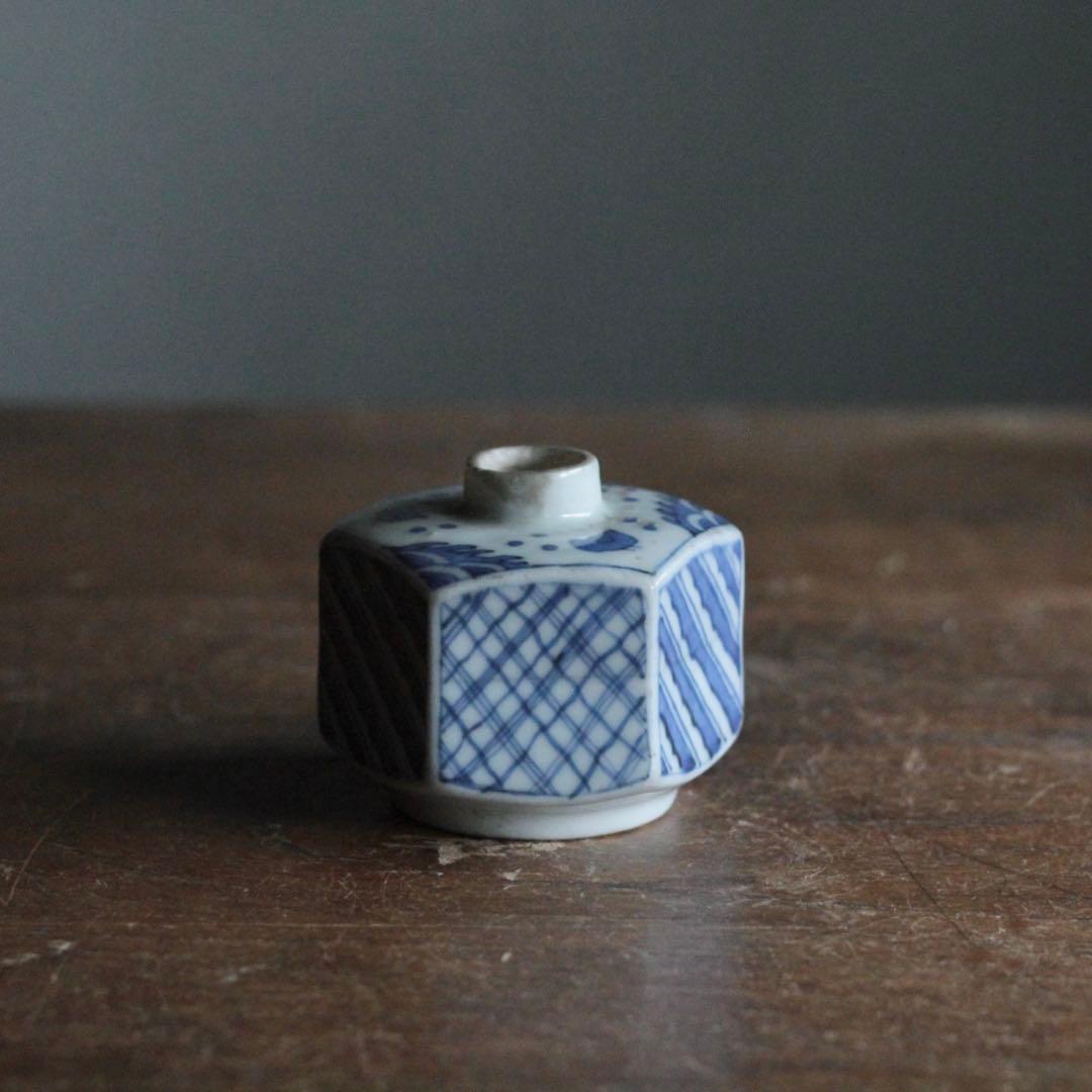 染付 面取 六角 小徳利 波千鳥 小紋柄 古美術 古道具 アンティーク