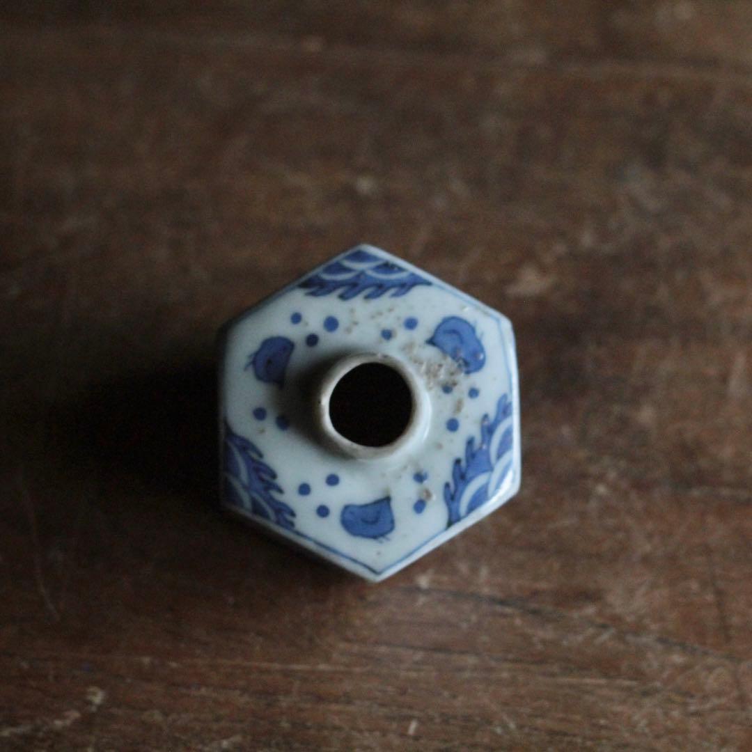 染付 面取 六角 小徳利 波千鳥 小紋柄 古美術 古道具 アンティーク