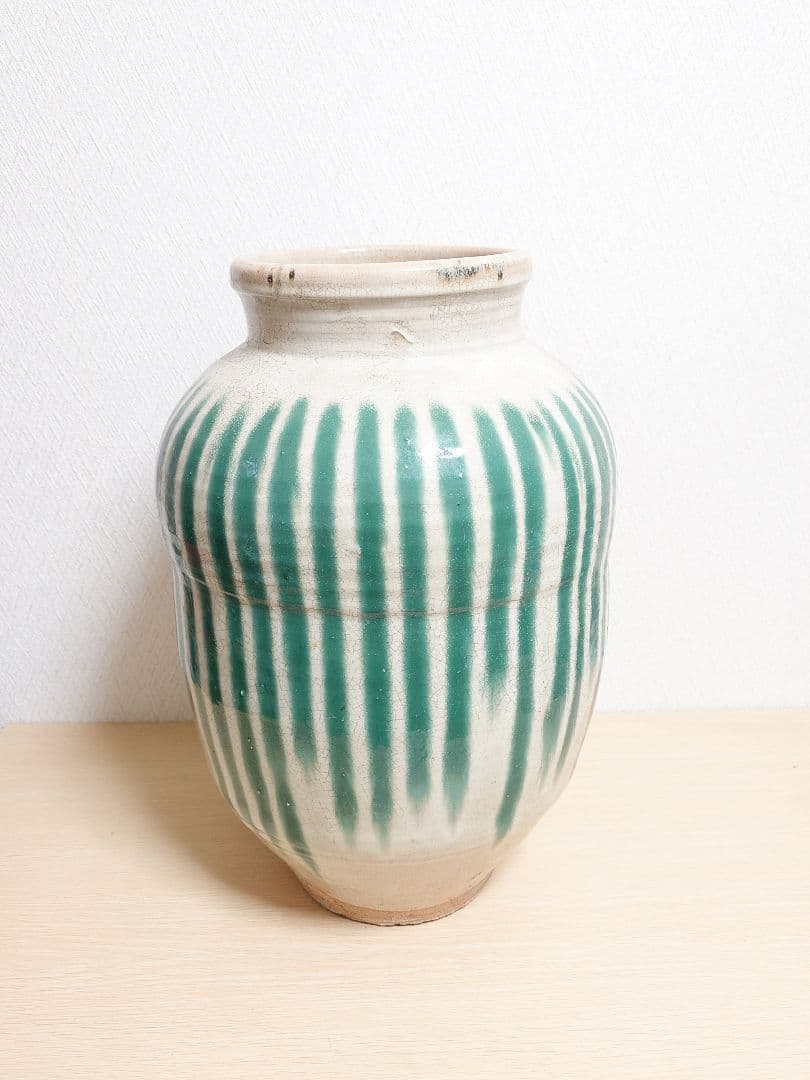 信楽焼？茶壺 大壺 すだれ壺 ストライプ柄 明治 アンティーク 骨董 中古品