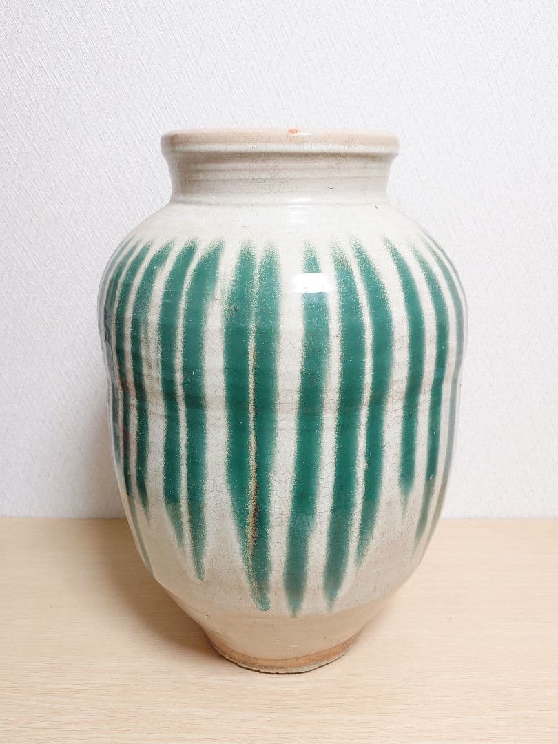信楽焼？茶壺 大壺 すだれ壺 ストライプ柄 明治 アンティーク 骨董 中古品