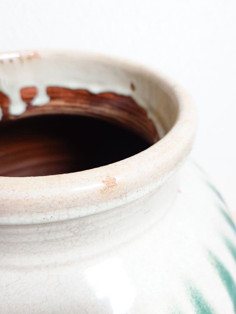 信楽焼？茶壺 大壺 すだれ壺 ストライプ柄 明治 アンティーク 骨董 中古品