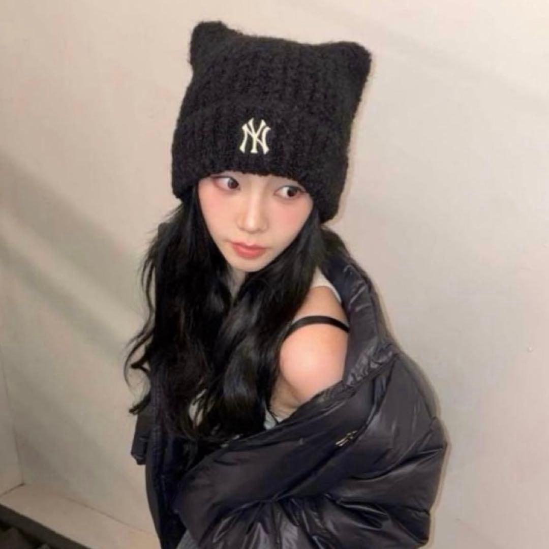 カリナ着用✨韓国限定　MLB KOREA 猫耳　ニット帽　ブラック