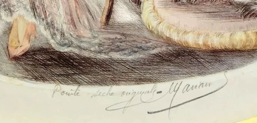 仏画家 マリアンヌ 石版画 \"夫人と猫\"-Ａ