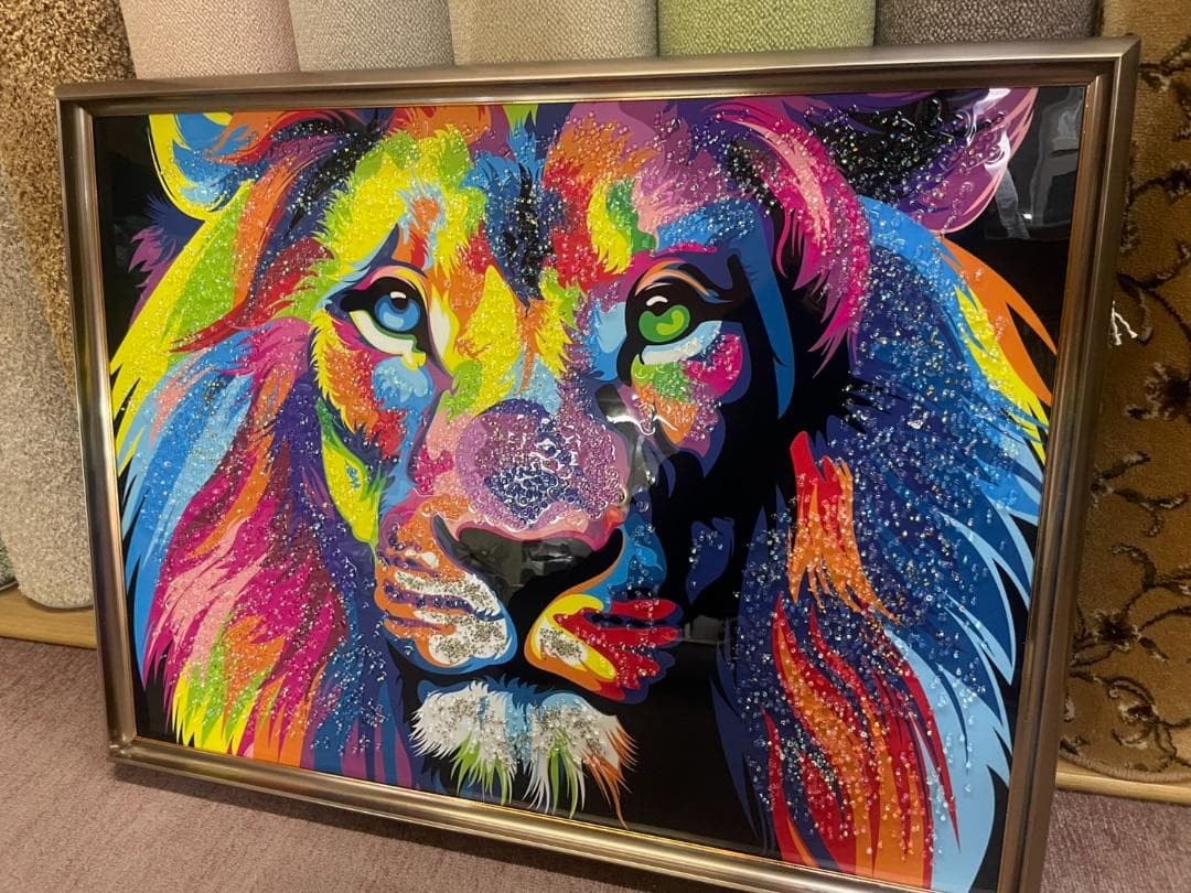 水晶絵　ライオン　幅80　カラフル　アニマル　アートパネル　絵画　ペイント　絵