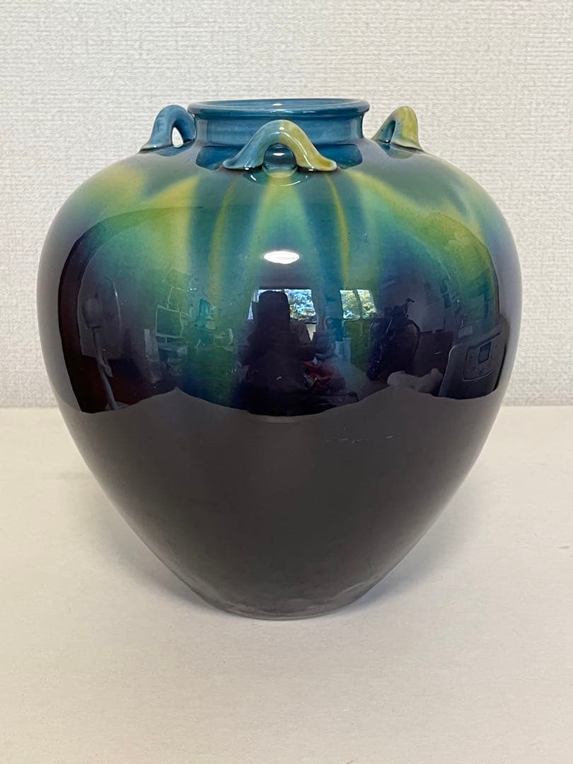 柳雨軒 三代 人間国宝 徳田八十吉（正彦銘）碧明釉 耳付壺　T128