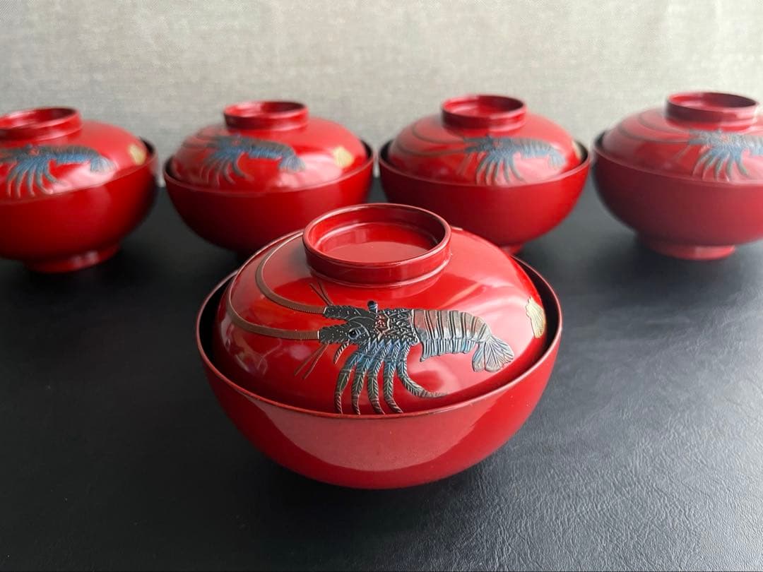 宮崎漆器　琉球ぬり　海老　えび　蓋付き椀　お椀　5点