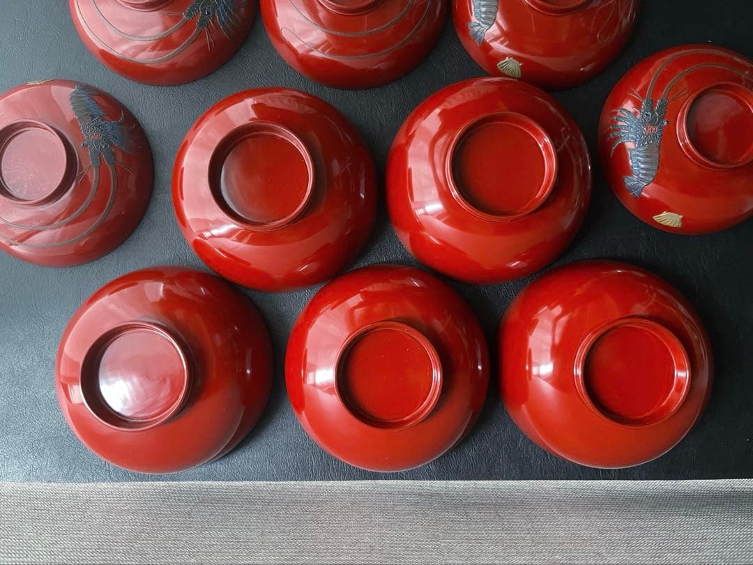 宮崎漆器　琉球ぬり　海老　えび　蓋付き椀　お椀　5点