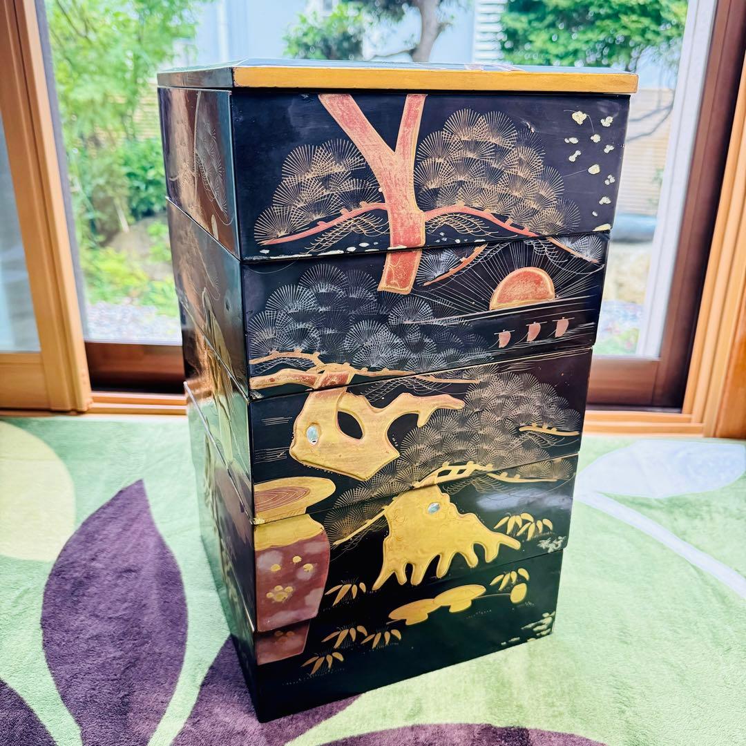 漆器　輪島塗　沈金　蒔絵　螺鈿　木製　五段　重箱　時代品