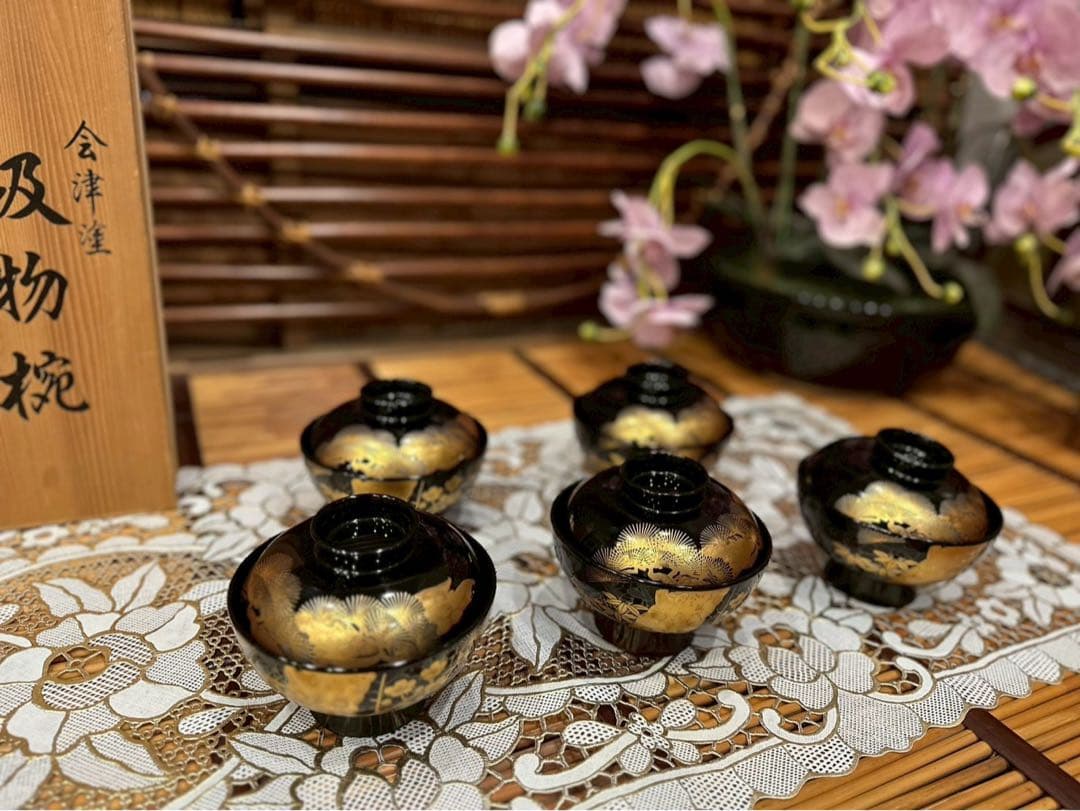 未使用 最高級 特選漆器 会津塗 吸物椀 セット 金彩 松竹梅