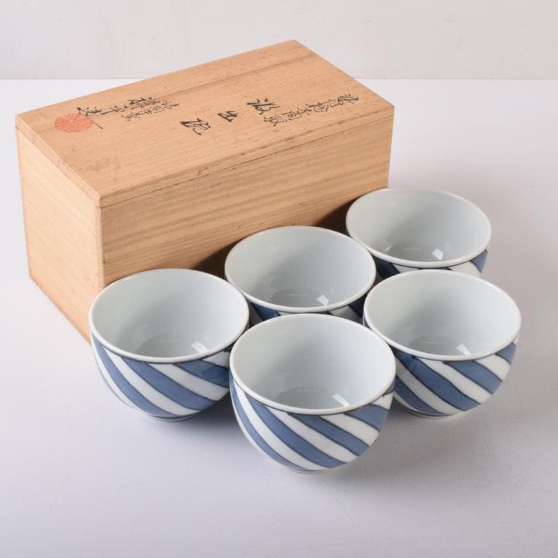 茶道具　京焼　清閑寺窯　杉田祥平造　染付　棯文　汲出碗　五客　共箱　V　7251