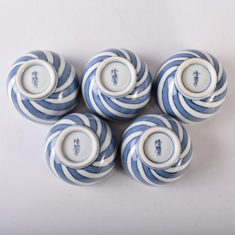 茶道具　京焼　清閑寺窯　杉田祥平造　染付　棯文　汲出碗　五客　共箱　V　7251