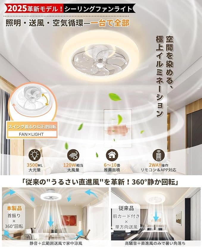 シーリングファン 扇風機 サーキュレーター APP/リモコン遠隔操作DCモーター
