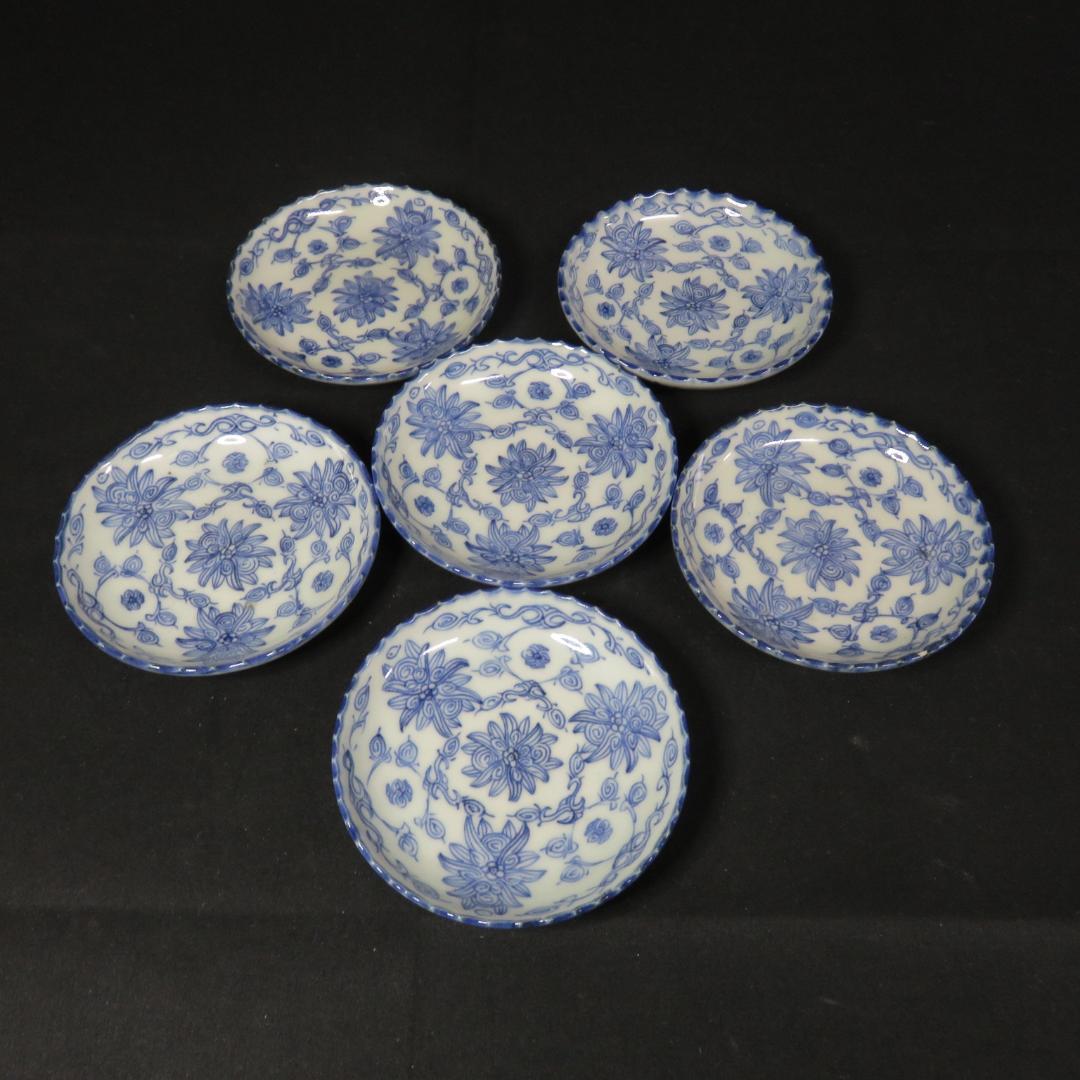 小皿 線画 明治 染付 変わり縁 銘 唐草 花 古伊万里 6枚