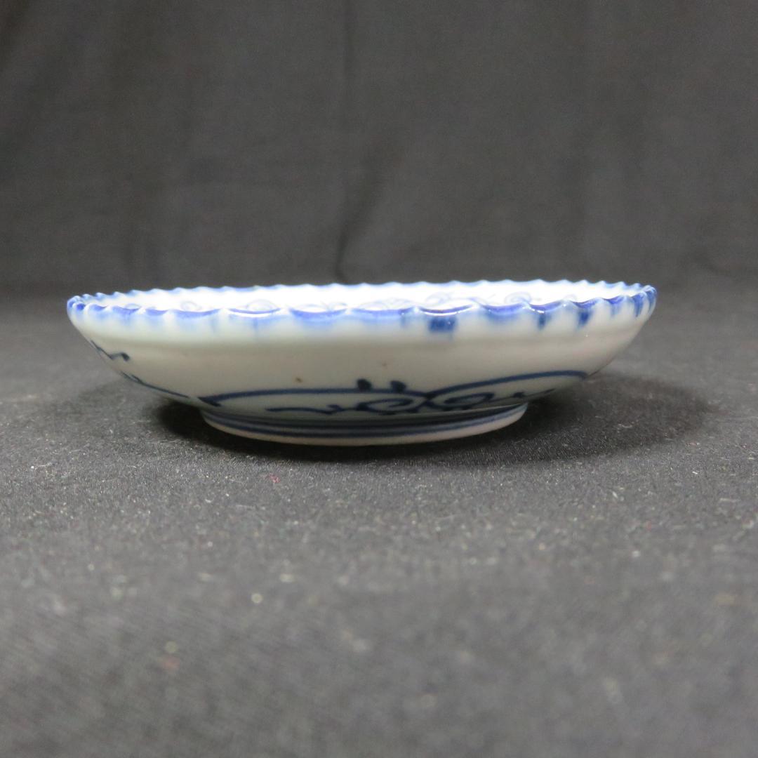 小皿 線画 明治 染付 変わり縁 銘 唐草 花 古伊万里 6枚