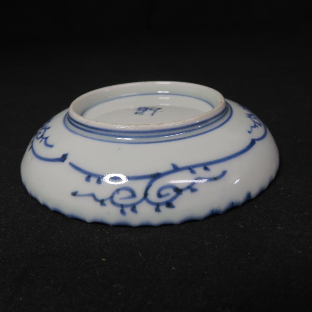 小皿 線画 明治 染付 変わり縁 銘 唐草 花 古伊万里 6枚