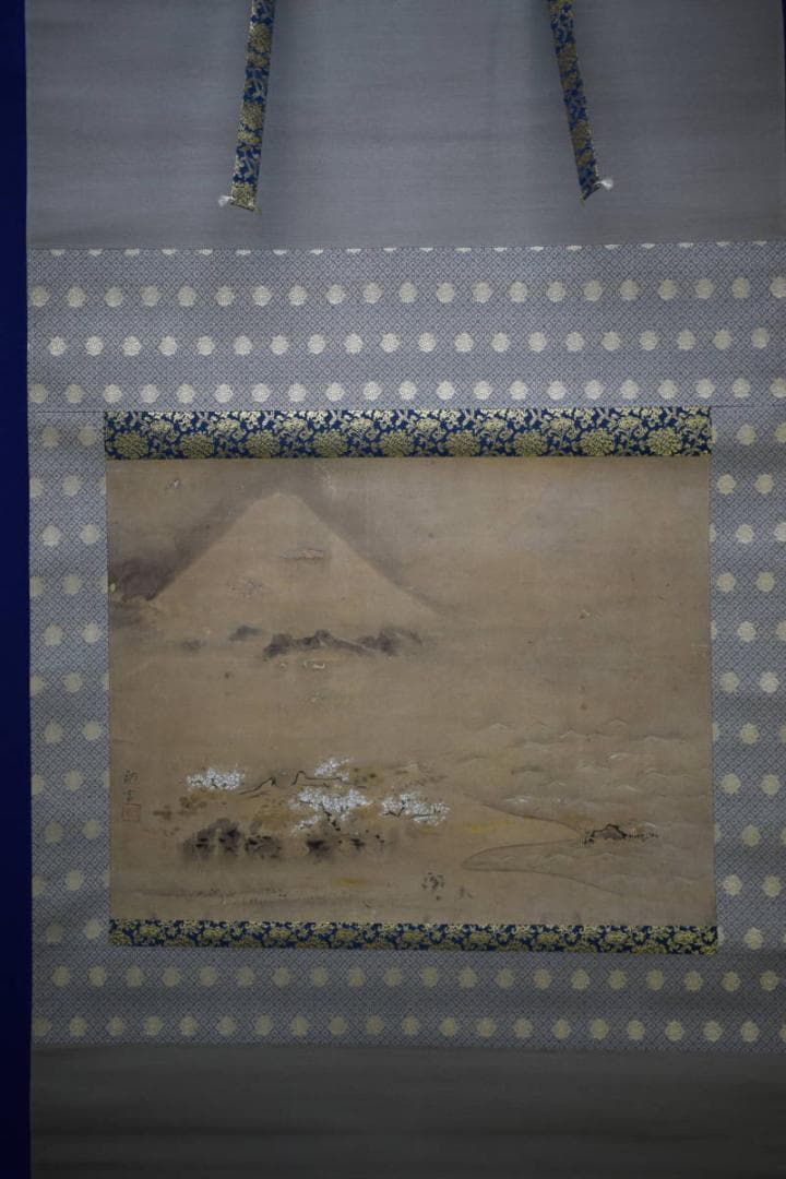 真作/田中納言/春/富士山と海岸の人家/布袋屋掛軸HH-98