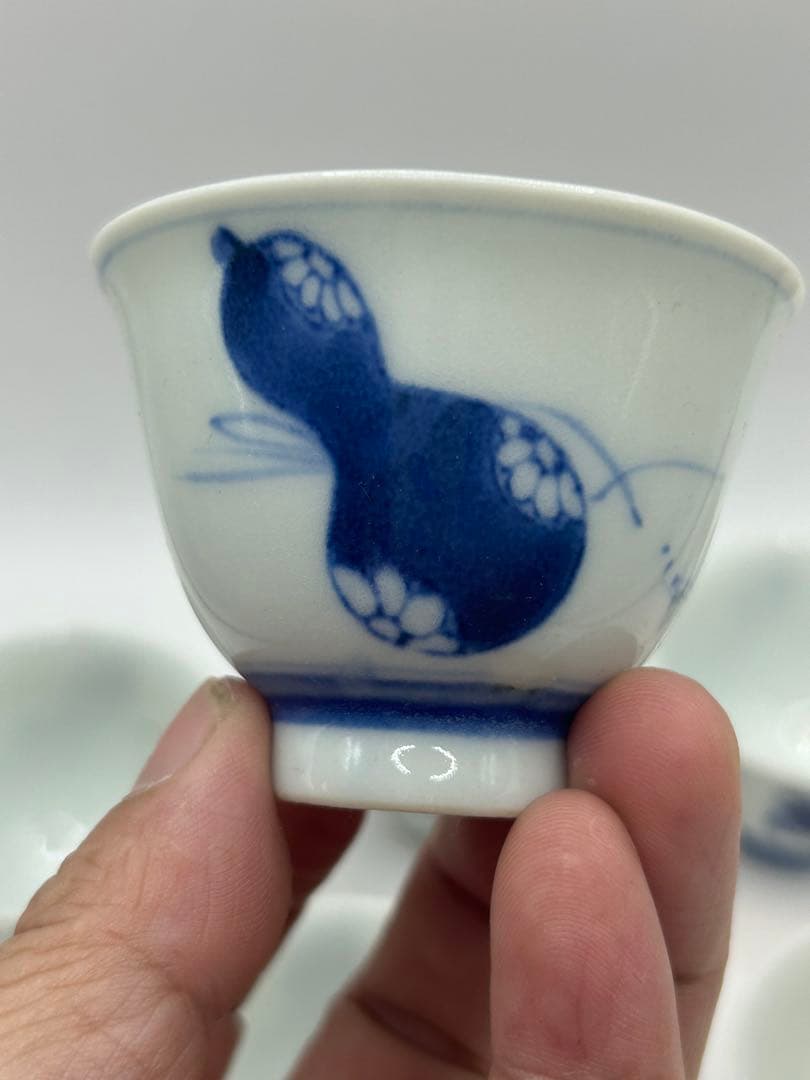 時代　京焼　栄山作　染付馬紋湯呑み7点　煎茶器　送料込み0831