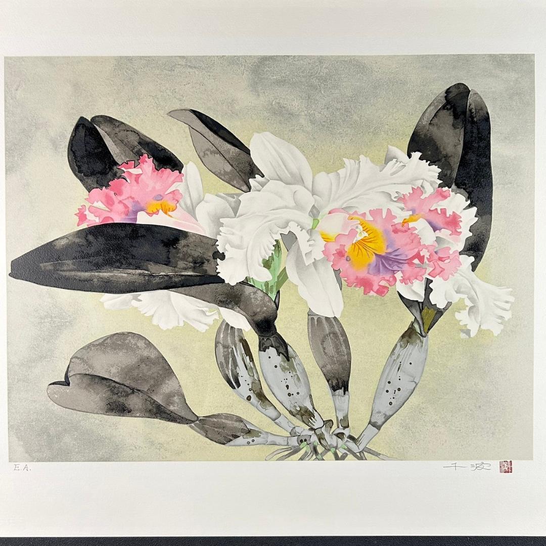 美品 中島千波「かとれあ」リトグラフ 直筆サイン・落款入り 額縁入り 日本画家