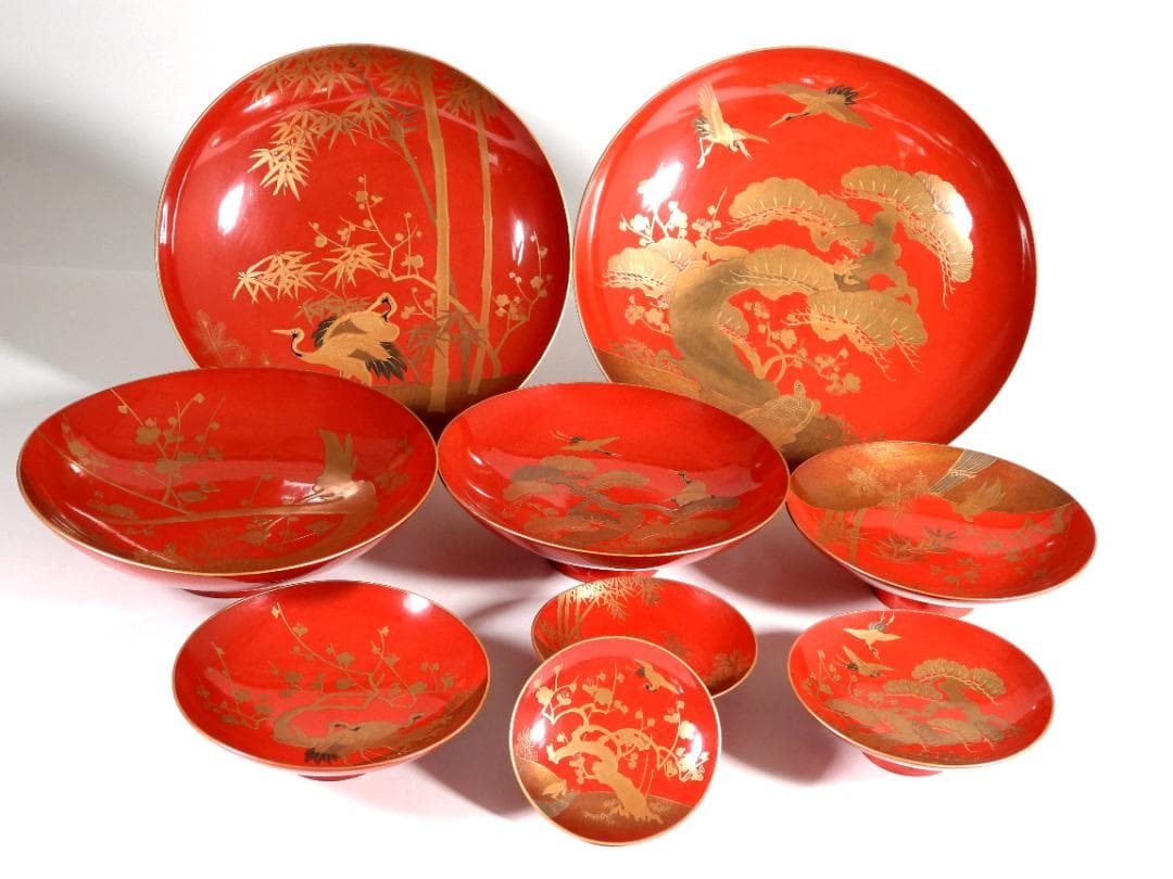 九段盃 酒器 天然木 漆塗り 金蒔絵 松竹梅 亀鶴紋 漆芸