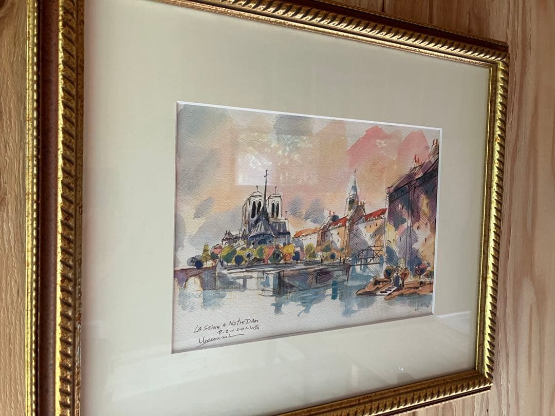 浦上正則【セーヌ川上のノートルダム寺院 】 水彩画、額付き、箱あり