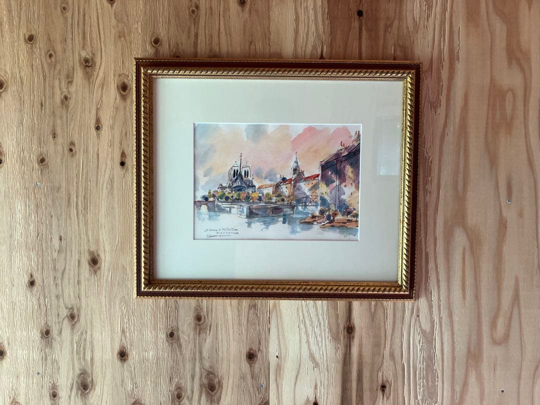 浦上正則【セーヌ川上のノートルダム寺院 】 水彩画、額付き、箱あり
