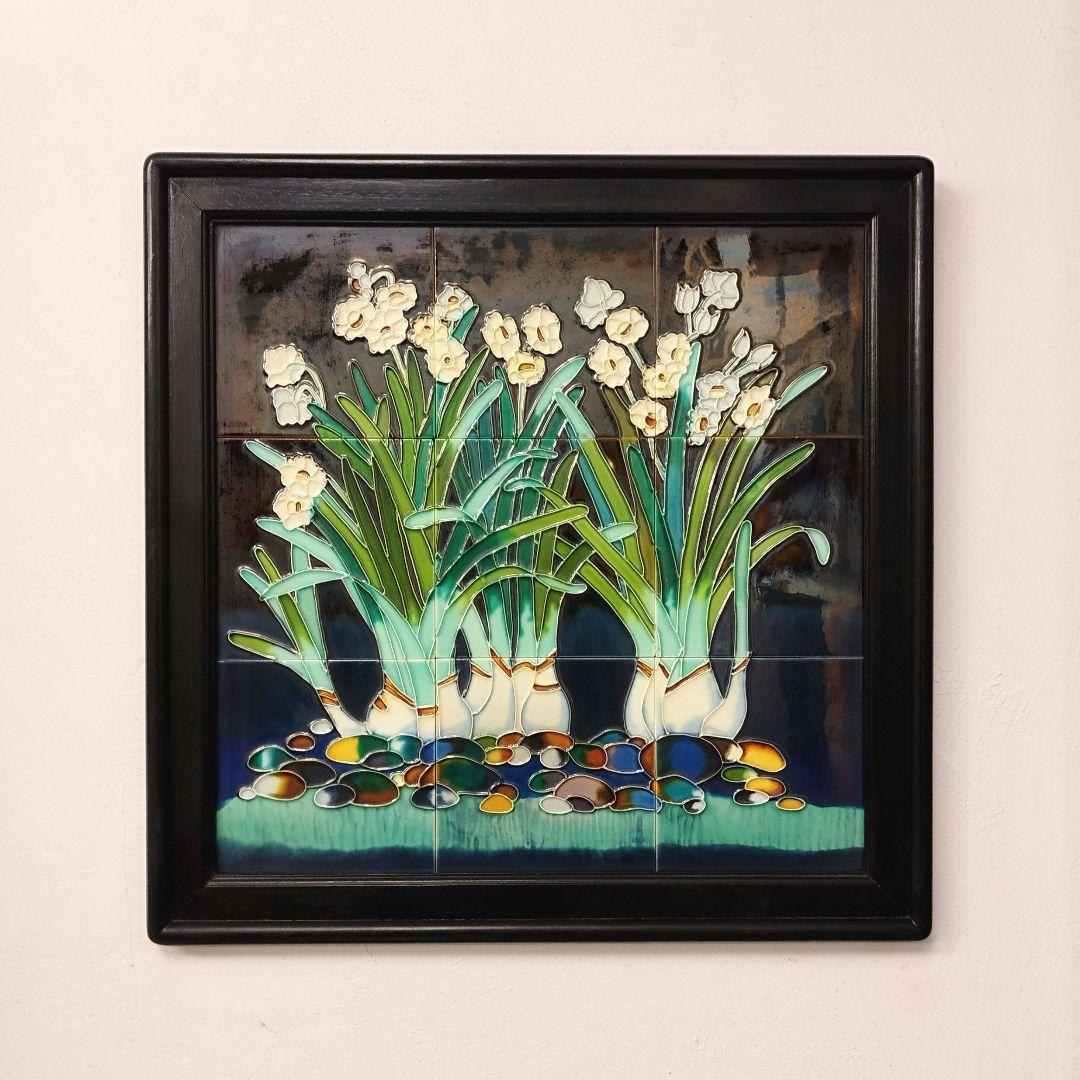 中国美術 唐彩 水仙 陶板 陶額 木製フレーム