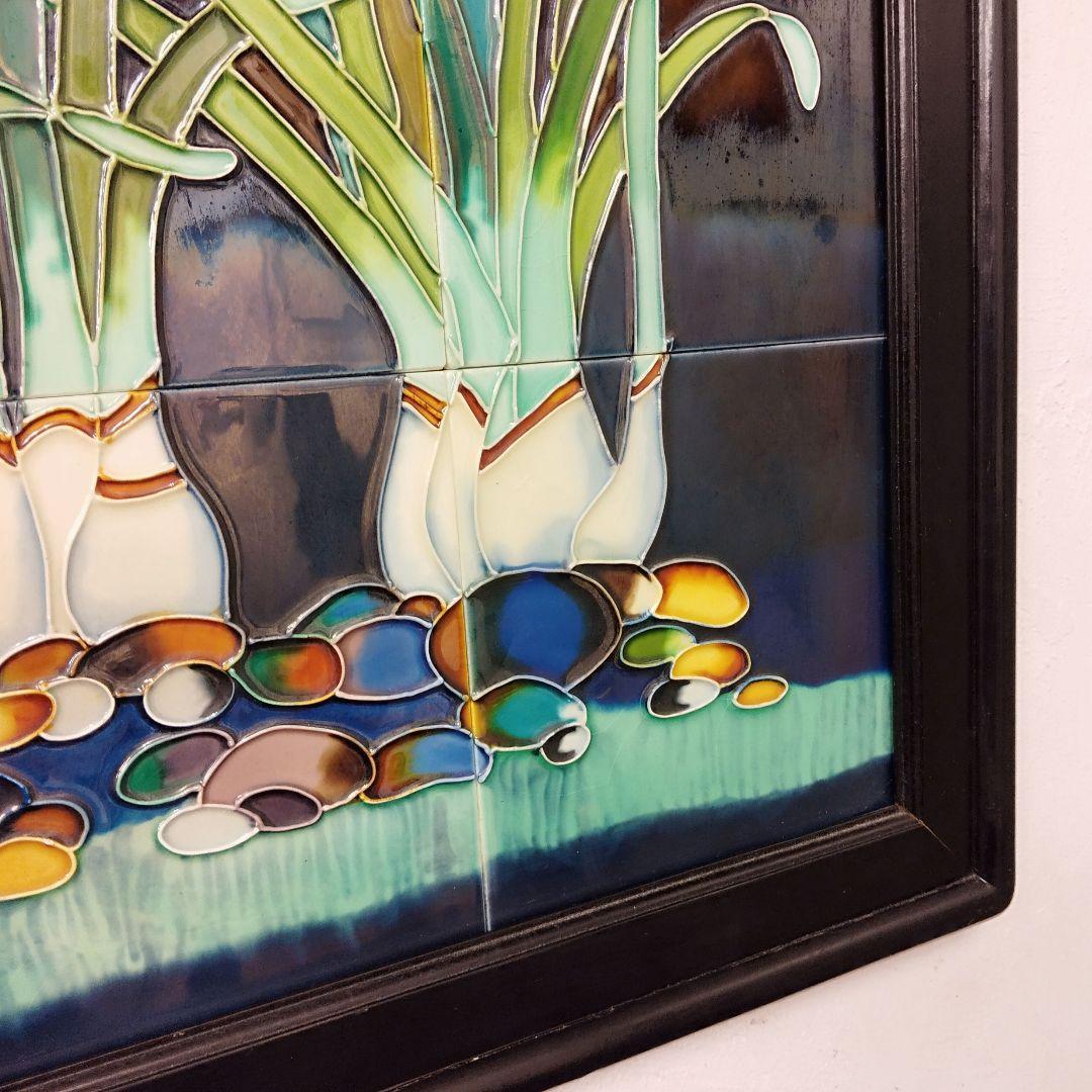 中国美術 唐彩 水仙 陶板 陶額 木製フレーム