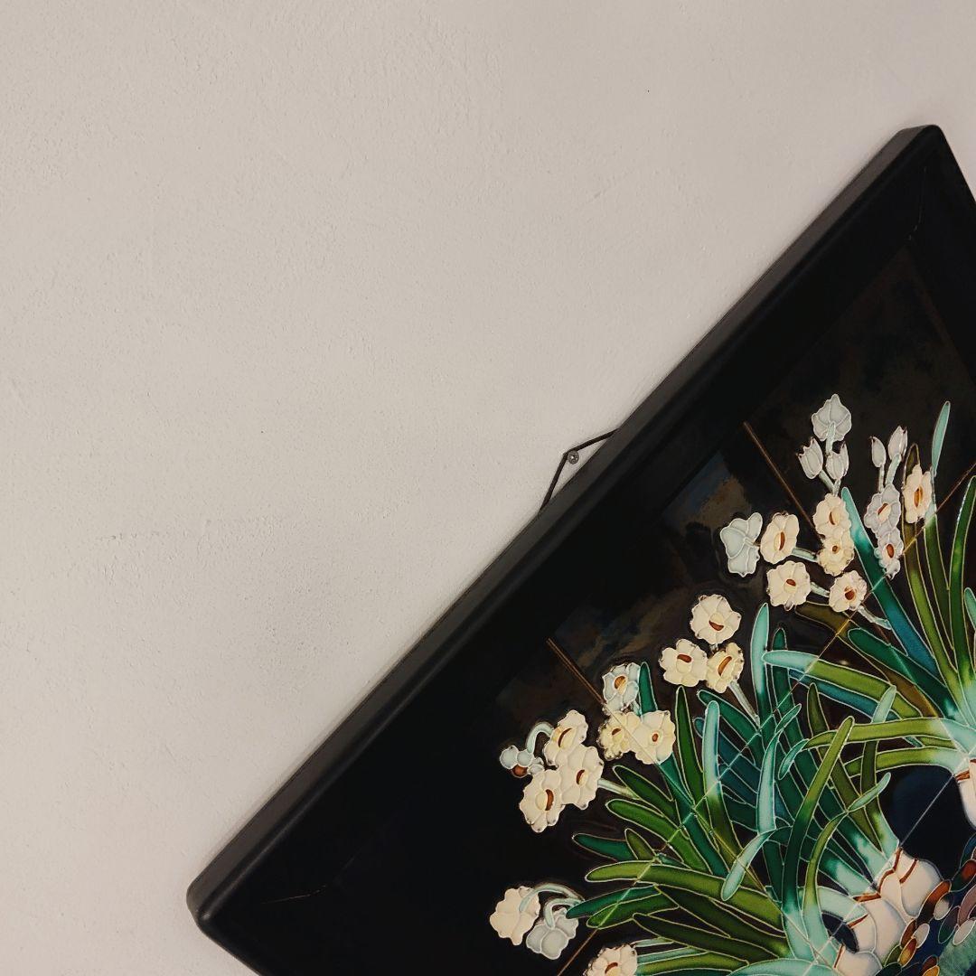 中国美術 唐彩 水仙 陶板 陶額 木製フレーム