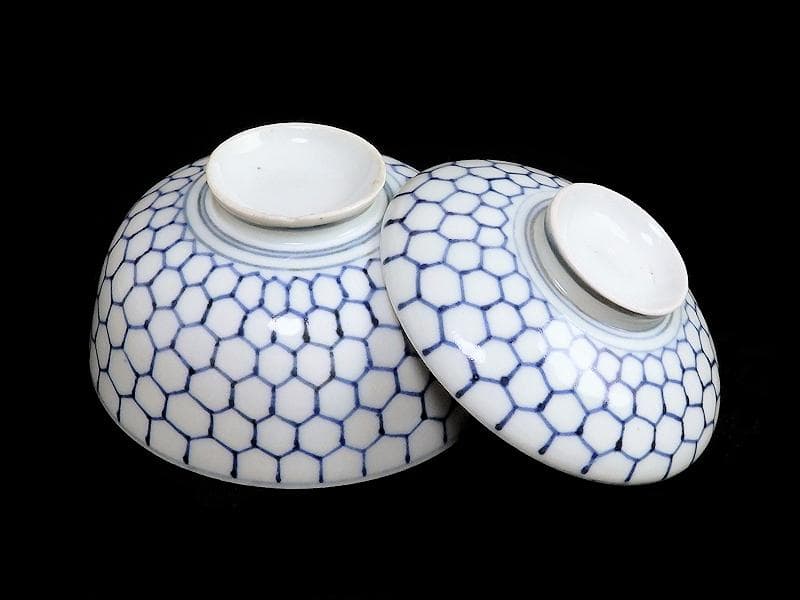 古伊万里　染付　亀甲紋の図　蓋茶碗　江戸期　E212AS-fbip