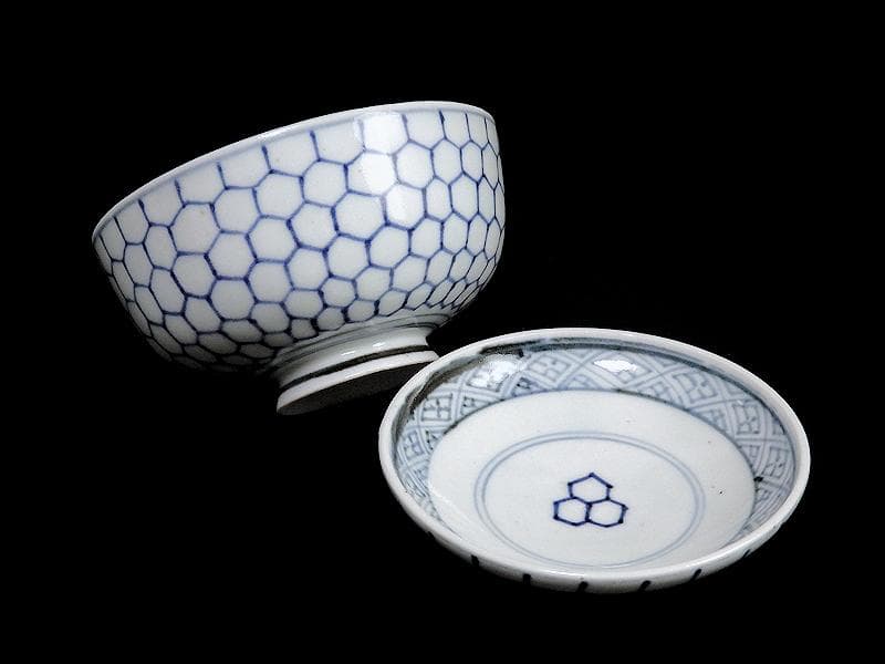 古伊万里　染付　亀甲紋の図　蓋茶碗　江戸期　E212AS-fbip