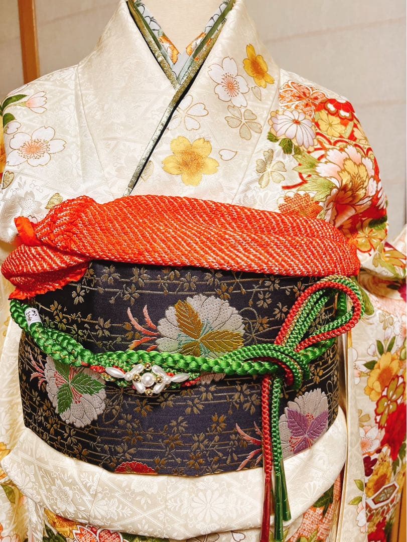 振袖　白　ホワイト　緑　振袖フルセット　成人式　結婚式　結納　袋帯