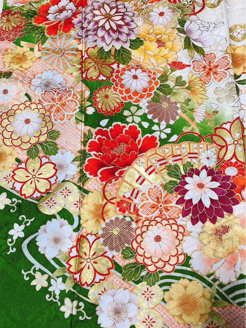 振袖　白　ホワイト　緑　振袖フルセット　成人式　結婚式　結納　袋帯