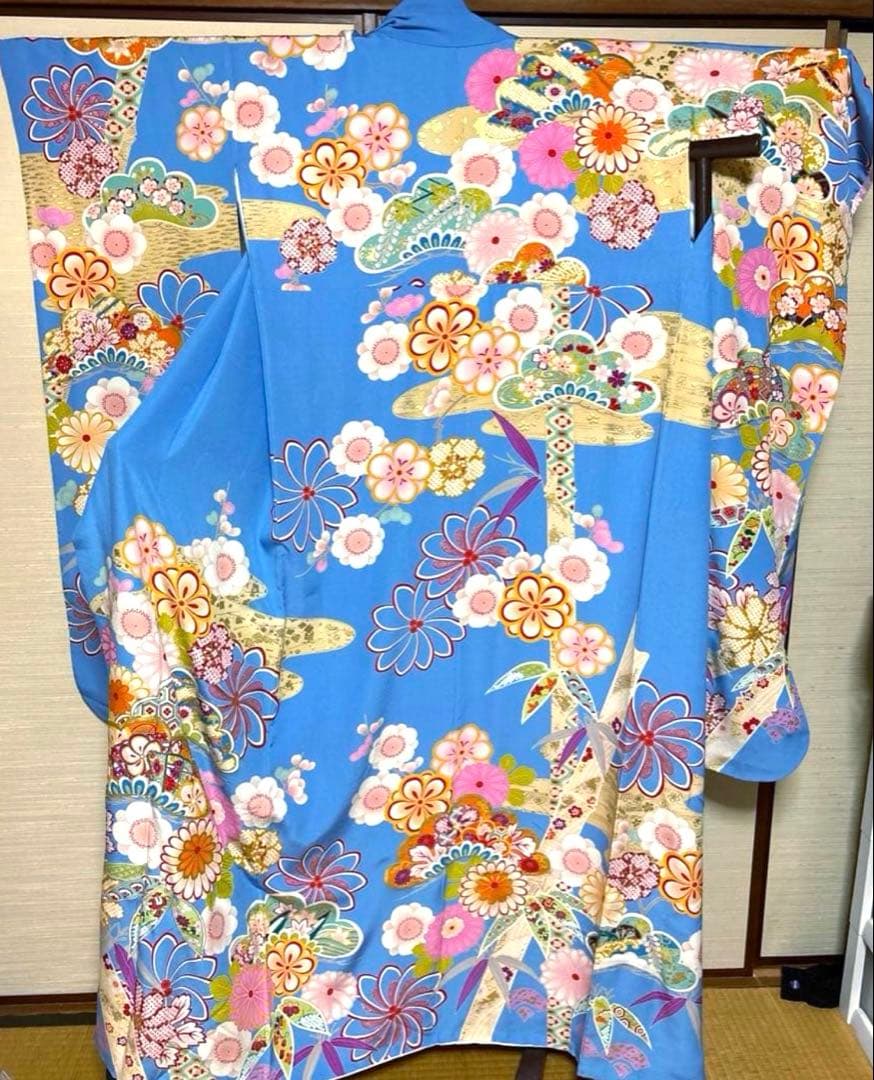 ‪‪❤︎‬ スカイブルー 吉祥 花々柄 振袖 身丈156