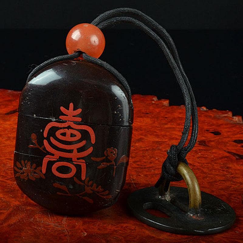 時代提げ物　朱蒔絵寿文字印籠　銅鍔根付　V　R4751