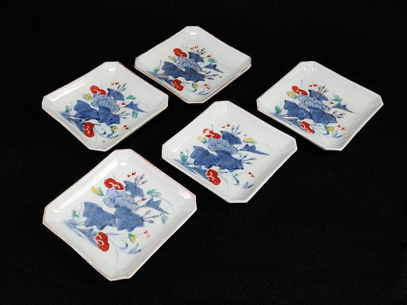 古伊万里　染錦　牡丹の図　角皿　５枚　C590AS- BLz
