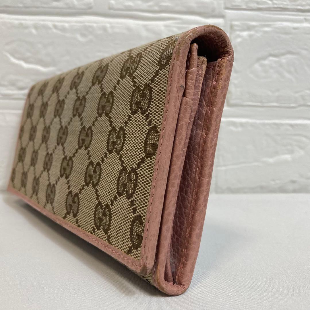 【美品】GUCCI グッチ　GGキャンバス柄 二つ折り長財布 ベージュ×ピンク