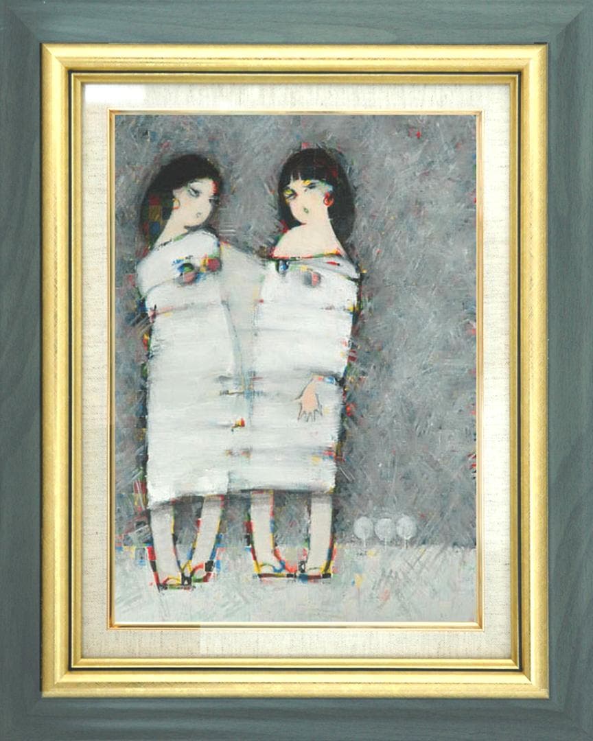 油絵 菅家令子 絵 絵画インテリア額付(青緑＋金色の枠)F6-083211女の子