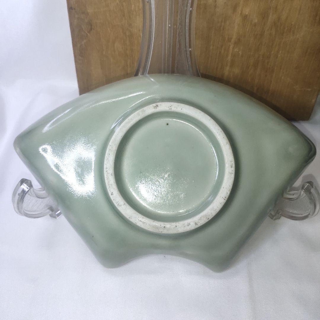 扇型皿 青磁に染付 山水図 幕末骨董 旧家蔵出し コレクター放出美品 古美術品