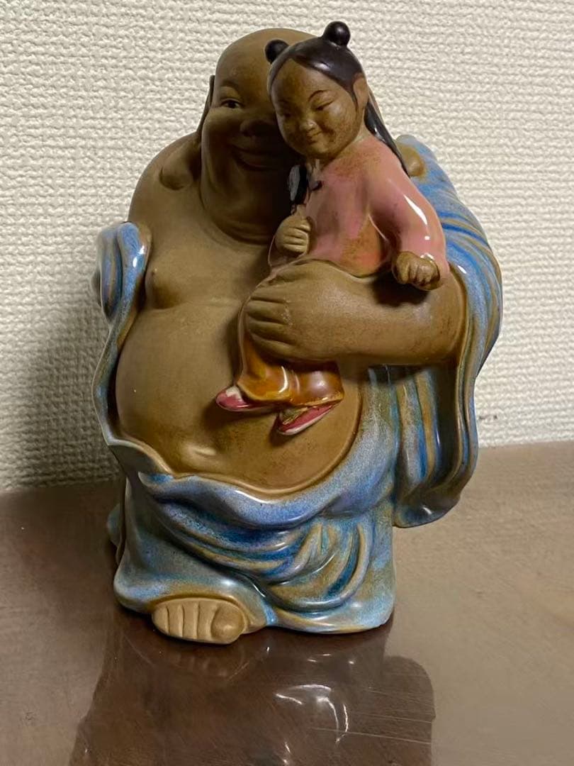 中国陶器 置物 石湾陶弥勒抱童子件 時代物