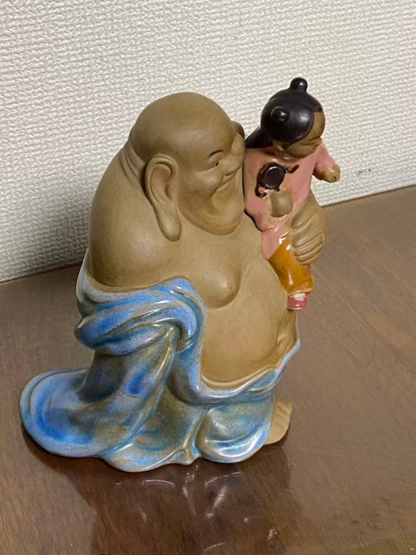 中国陶器 置物 石湾陶弥勒抱童子件 時代物