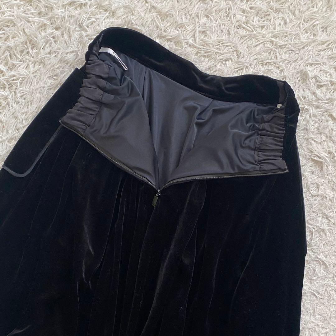 ルネ René ベロア フレアスカート シルク混　ロゴ刺繍 王冠 ブラック S