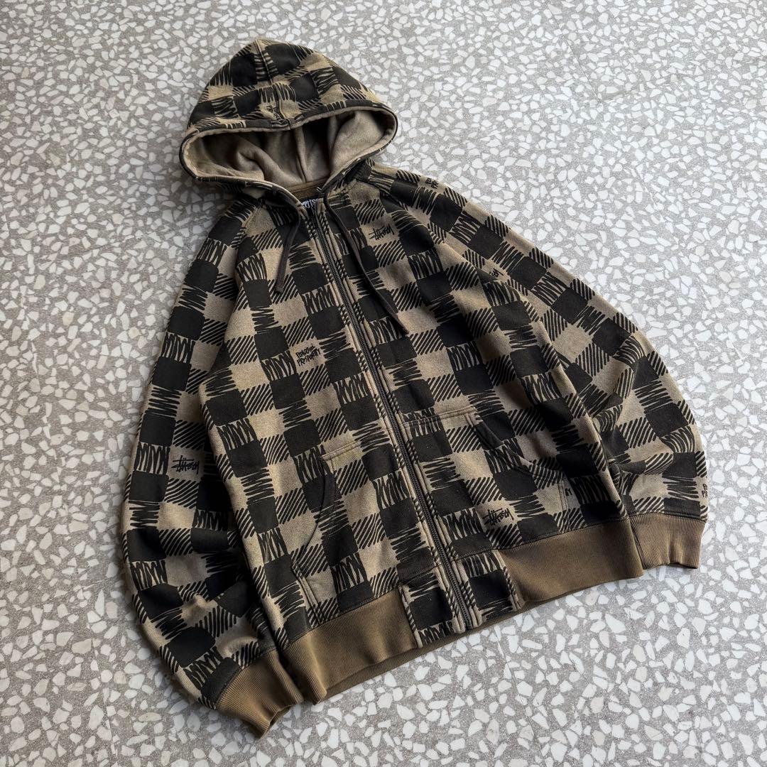 【総柄ジップパーカー】stussyモザイク古着ストリート横ノリユニセックスM.