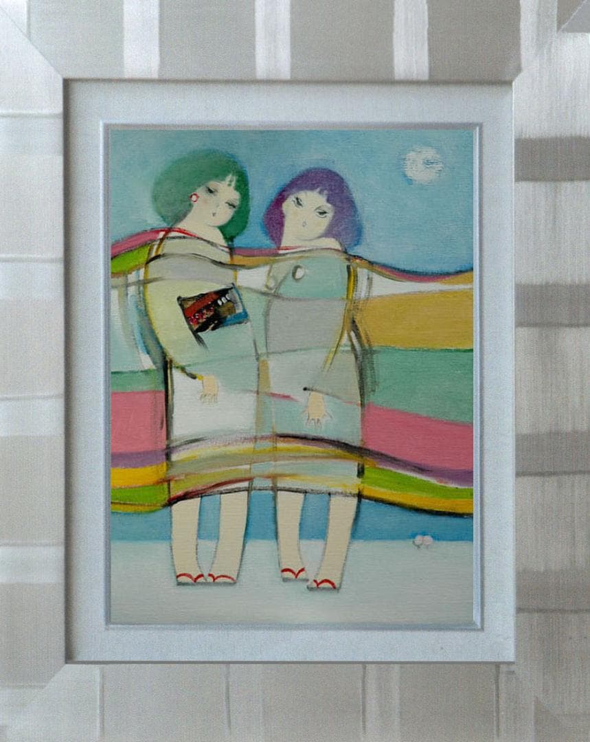 油絵 菅家令子 絵 絵画インテリア額付(黒) F6-083711人物 雪国の子供